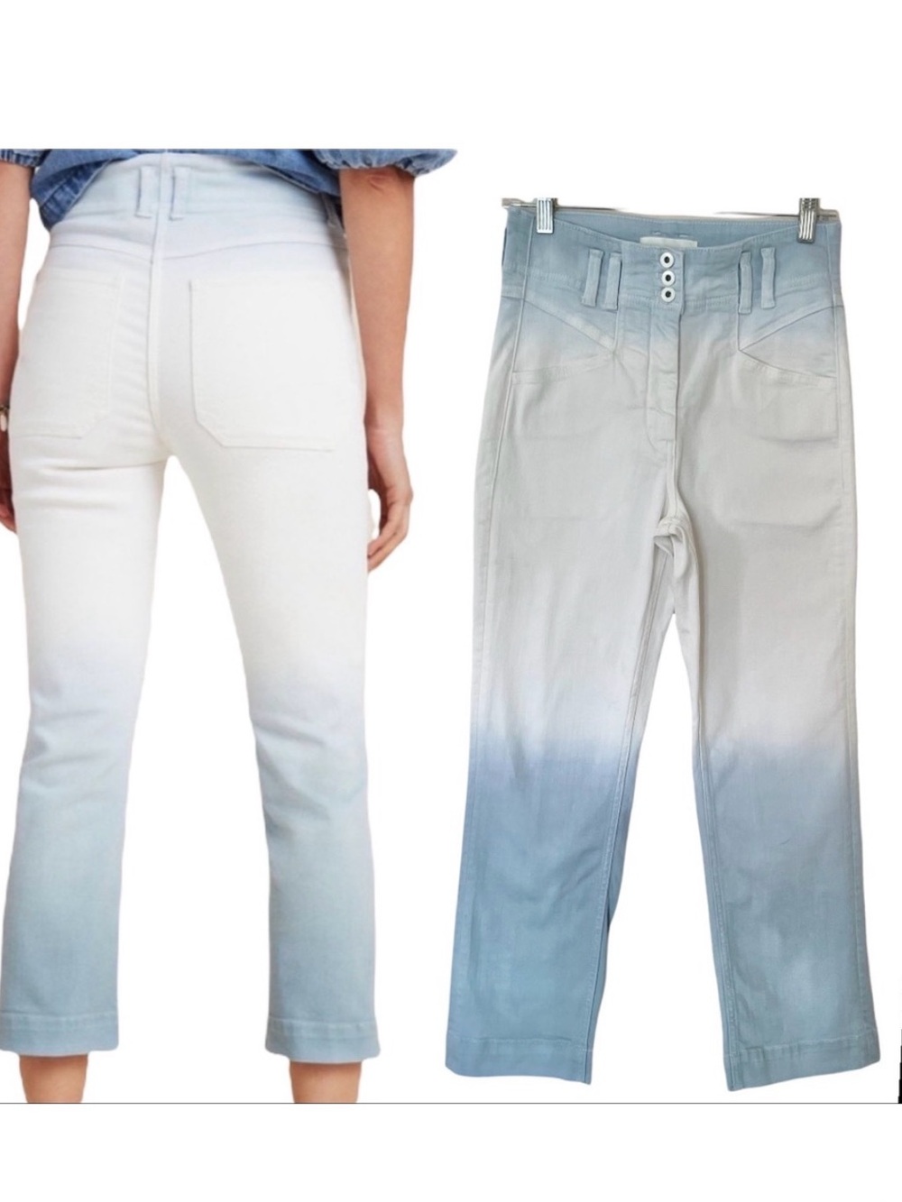 ***by Anthropologie ***Dipped Dye Slim Jeans in White and Light Blue 25 inseam